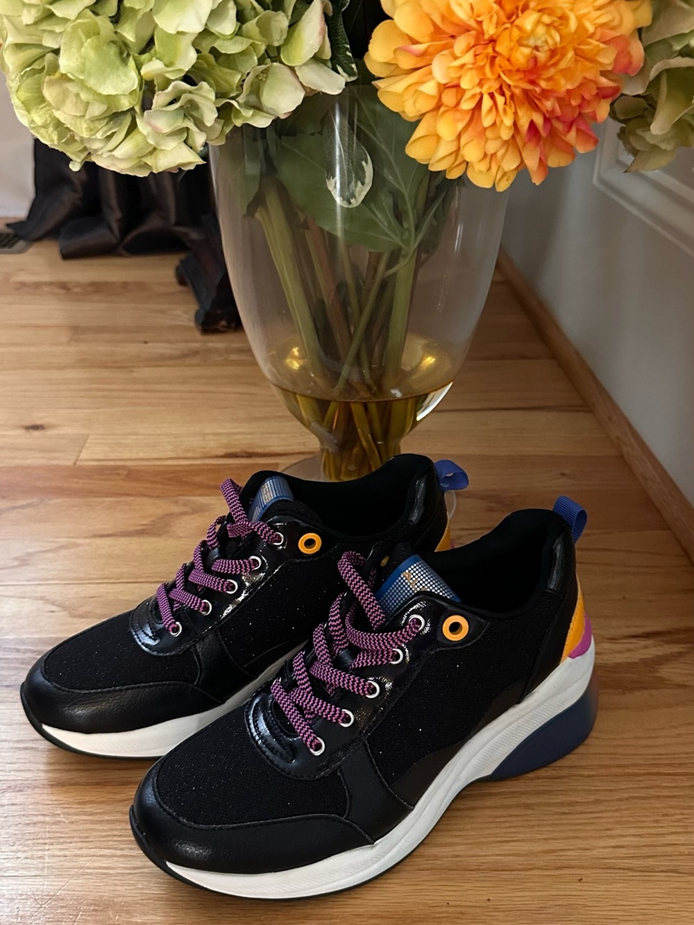 Aldo Black Sneakers with Purple Laces and Blue-Yellow Accents.Worn once.